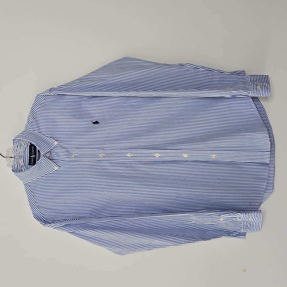 Ralph Lauren Custom Fit Button-Down Shirt Blue‎ Stripes Preppy Size 15.5